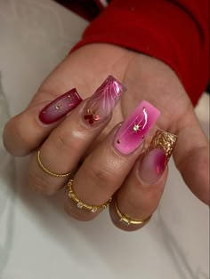 Starry Night Acrylic Nails, Birthday Nails 16 Year, Cute Square Nail Designs, Hand Painted Nail Designs, Pink Square Nails, Spring Acrylic Nails, Glamour Nails, Girly Acrylic Nails, Her Nails