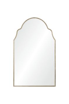 a white mirror with an arched frame and gold trim on the bottom, against a white background