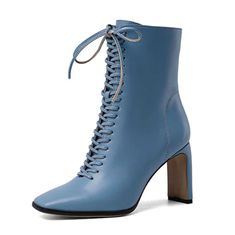 Blue Ankle-high Boots For Spring, Trendy Blue Leather Boots, Blue High Ankle Heels For Fall, Blue Leather Lace-up Boots, Blue Winter Boots With Reinforced Heel, Blue Leather Heels For Winter, Blue Ankle-high Boots For Fall, Blue Lace-up Boots With Reinforced Heel, Light Blue Round Toe Boots For Fall