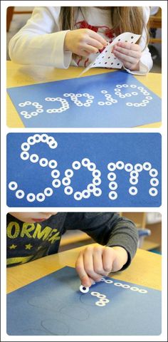 two pictures showing how to cut out letters with scissors and glue on the table top