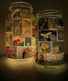 two jars with stamps on them sitting next to each other