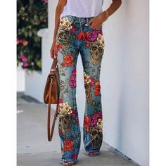 Fabric:Faux Denim; Gender:Women's; Style:Fashion; Elasticity:Micro-elastic; Occasion:Halloween,Weekend; Fit Type:Regular Fit; Function:Comfort; Pattern:Flower / Floral,Skull; Design:Print,Wide Leg,Side Pockets; Pants Type:Jeans,Flared Pants,Bell Bottom,Pants Trousers; Front page:FF; Listing Date:09/06/2022; Production mode:External procurement; Hips:; Length:; Waist:; Special selected products:Clearance; Fit US Size:null; Fit UK Size:null; Fit EU Size:null; Pants Length:Full Length; Print Type:3 High Rise Flare Pants, Mode Purple, Bell Bottom Pants, Type Of Pants, Shoes With Jeans, Bell Bottom, Women Pants Casual, Purple Fashion, Fashion Mode