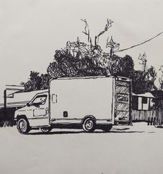 a black and white drawing of a delivery truck parked in front of a house with trees on the roof