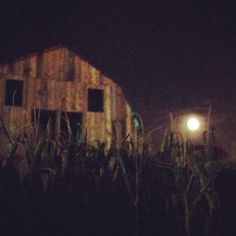 an old barn is lit up at night