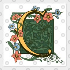 the letter c with flowers and vines on it's sides is shown in green