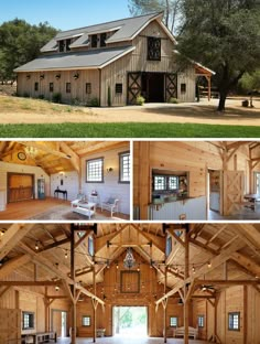 the inside and outside of a large wooden barn with windows, doors, and an open floor plan