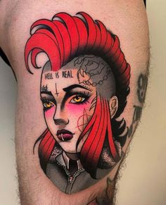 a woman with red hair and tattoos on her thigh is shown in this tattoo design