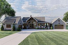 this is an artist's rendering of a house in the country style with two garages