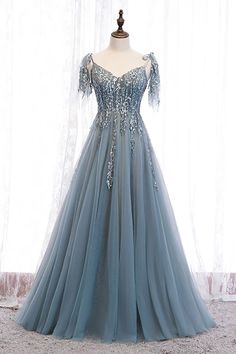 Party Gown Dress, Junior Party Dresses, A Line Evening Dress, Evening Party Gowns, Blue Evening Dresses, Blue Tulle, A Line Prom Dresses, Tulle Prom Dress, Evening Gowns Formal