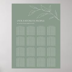 a green wedding seating chart with leaves on it