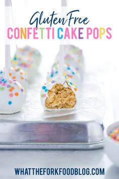 white cake pops with colorful sprinkles on top and text overlay reading gluten free confetti cake pops