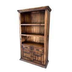 an old wooden bookcase with drawers on the front and bottom shelves, isolated against a white background