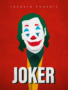 the joker movie poster is shown in red, yellow and green with an evil clown's face