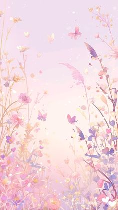 an image of flowers and butterflies flying in the air with pastel colors behind them