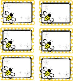 four bee name tags with yellow polka dots