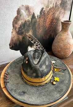 Distressed Boho Cowboy Hat. This hat has been painted and distressed and adorned with leather, chain, charms, Marlboro card and vintage matches. Adjustable Vintage Matches, Boho Cowboy, Hats Design, Cowboy Hat, Leather Chain, Hat Designs, Cowboy Hats