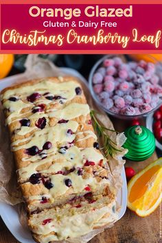 orange glazed christmas cranberry loaf on a plate