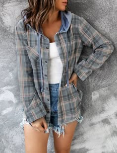 ❤Button closure ❤【Comfy Material】: Constructed with comfort in mind, this long sleeve hooded flannel shirt made of soft and skin-friendly fabric ❤【Casual Style】: The plaid hoodie shirt features button down closure, long sleeve, drawstring hooded, chest pockets and curved hem. Casual and boyfriend style, good for layering or worn alone, is a wardrobe essential for spring, summer, autumn and early winter ❤【Versatile Outfits】: Match with your T-shirts and jeans, perfect fashion. An extremely versat Casual Vest, Sleeves Clothing, Style Hoodie, Hooded Shirt, Play Dress, Outfit Combinations, Collar Blouse, Plaid Tops, Outfit Casual