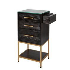 a black and gold side table with two drawers on one end, an open drawer on the other