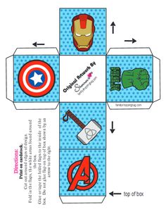 an origami box with the avengers symbol and other items inside it, cut out