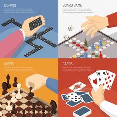 four different types of board games with hands and pieces - miscellaneous objects / objects illustrations