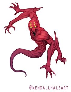 a red creature with yellow eyes and long legs, standing on one leg in the air