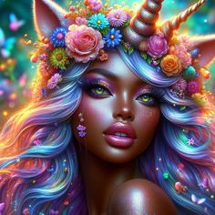 a beautiful woman with unicorn hair and flowers on her head