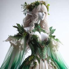 a green and white dress with flowers on the bustle, headpieces and wings