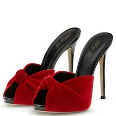 Elegant Open Toe Mules With Bow, Red Mules With Padded Heel For Party, Open Toe Heels For Dinner, Bow Open Toe Sandals For Night Out, Open Toe Sandals With Bow For Night Out, Luxury Open Toe Sandals With Bow For Night Out, Elegant Open Toe Sandals With Bow For Night Out, Open Toe Heels With Wrapped Heel For Dinner, Chic Red Mules For Party