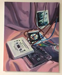 a painting of an old cassette player and other items