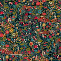 an intricately designed wallpaper with flowers and birds in the center, on a dark green background