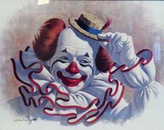 a painting of a clown holding a hat on his head