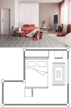 the floor plan for this bedroom is shown in two separate sections, with one bed and another