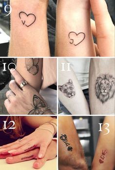 the different tattoos on each arm and wrist are shown in this collage, including two lions