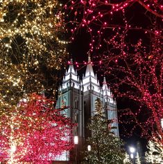 christmas lights decorate the trees in front of a large building with a clock tower at night