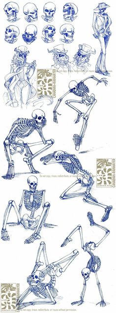 some drawings of skeletons in various poses and positions, all with different facial expressions on their faces