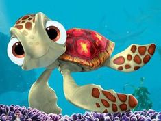 a cartoon turtle with big eyes swimming in the ocean, surrounded by corals and other marine life