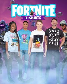 the fortnite t - shirts are on display in front of a purple background