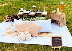 an outdoor picnic is set up on the grass