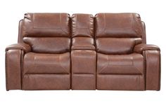 the reclining loveseat has two seats and is made out of brown leather