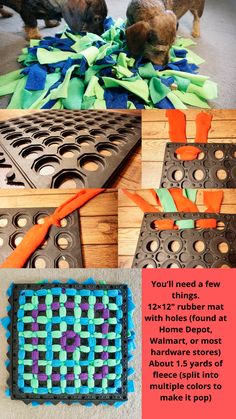 a collage of photos showing how to make a diy dog play mat with holes