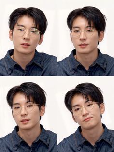 four different shots of a man with glasses looking at the same person's face