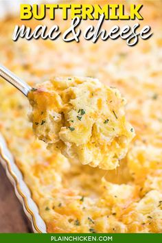 a spoon full of cheesy potatoes in a casserole dish with text overlay