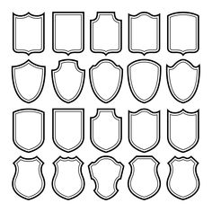 a set of twelve shields with different shapes and sizes on each one, in black and white