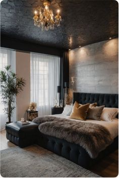 Black Theme Room Ideas, Black Bedroom Furniture Aesthetic, Bedroom Inspiration Cozy Dark, Unisex Bedroom Couples, Love Room Romantic, Fur Bedroom Decor, Black Aesthetic Apartment, Black Headboard Bedroom Color Schemes, Dark Bedding Aesthetic