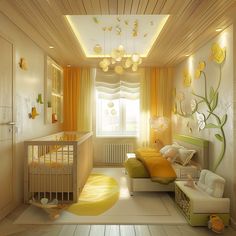 a baby's room decorated in yellow and white with a crib next to the bed