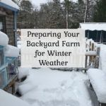 the back yard is covered in snow and has a sign that says preparing your backyard farm for winter weather