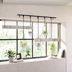 a window sill filled with potted plants and hanging planters