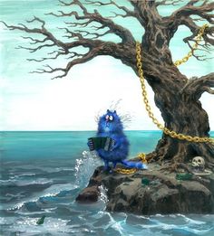 a blue monster sitting on top of a rock next to a tree in the ocean