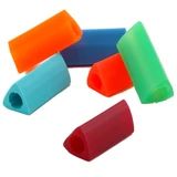 several different colored plastic tubes on a white background